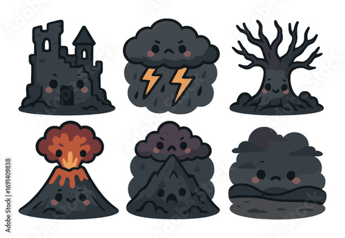 Spooky elements flat icon set. featuring haunted castle, storm cloud, creepy tree, erupting volcano, smoking volcano, fog.