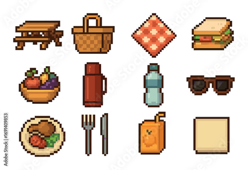 Picnic essentials pixel icon set. featuring sandwich, basket, napkin, thermos, fruit, and sunglasses icons.