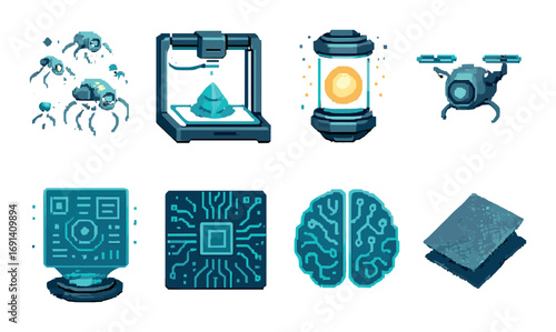 Technology and ai silhouette icon set. featuring robots, 3d printer, capsule, drone, hologram, circuit, brain, and chip symbols.