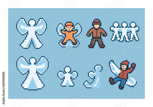 Winter activities pixel icon set. featuring snow angels, ice skater, and child playing in snow.