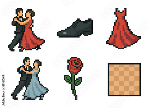 Ballroom dance pixel icon set. featuring dancers, shoes, dresses, rose, and dance floor symbols.