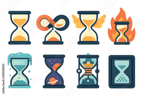 Time concepts flat icon set. featuring hourglass, infinity, fire, cosmos, tech, and digital timer symbols.
