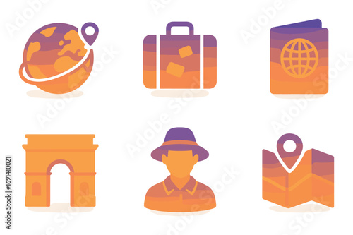 Travel silhouette icons set. featuring globe, suitcase, passport, landmark, traveler, map symbols.