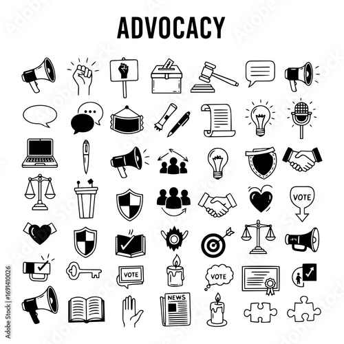 Hand-drawn line art icons representing various concepts of advocacy, including communication, protest, voting, law, justice, community, ideas, and support.