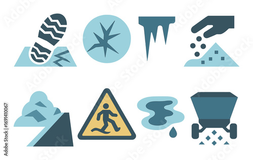 Safety warning silhouette icon set. featuring falling rocks, slippery floor, ice, and hazard symbols.