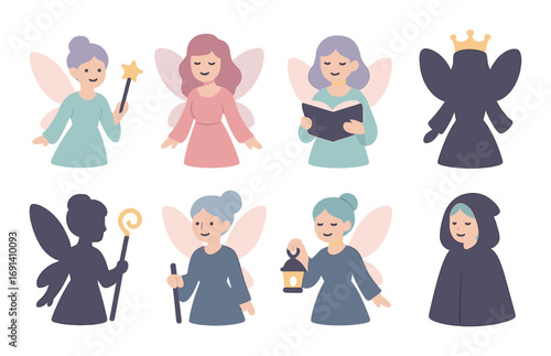 Fantasy silhouette icon set. featuring fairy, wizard, wand, book, cloak, lantern, and crown figures.