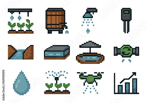 Agriculture flat icons set. featuring irrigation, rain barrel, water, sensor, drainage, sprinkler, drone, graph.