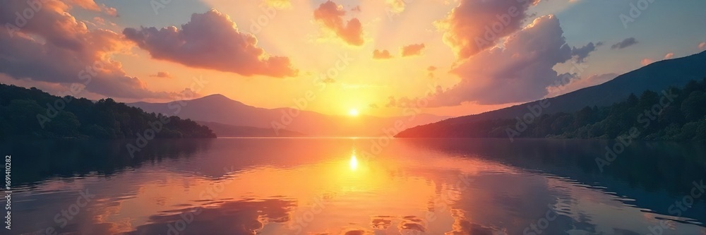 Fototapeta premium Serene sunrise over a tranquil lake, reflecting peaceful skies and embodying spiritual tranquility Perfect for meditation, mindfulness, and well-being themes , inner peace, uplifting