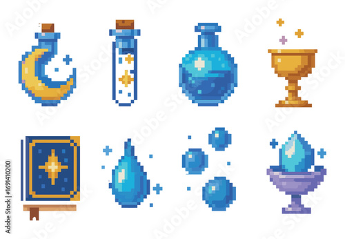 Magic elements pixel art icon set. featuring moon, potion, elixir, chalice, book, water droplets, crystal.
