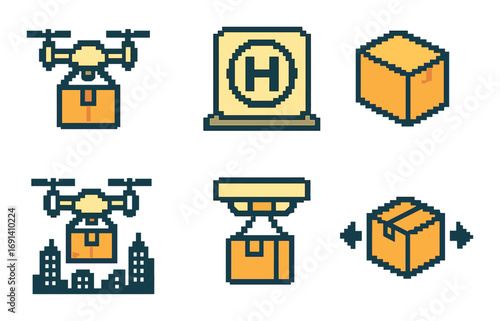 Delivery and logistics flat icon set. featuring drone, helipad, box, drone city, package drop, dimension box symbols.