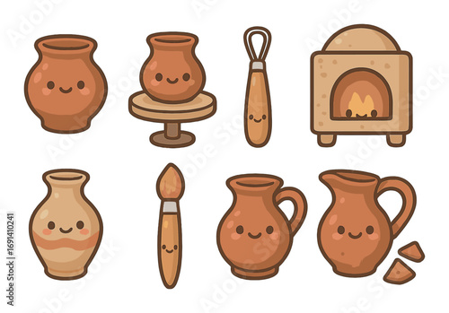 Pottery flat icon set. featuring kiln, clay, wheel, jug, brush, and vase symbols.