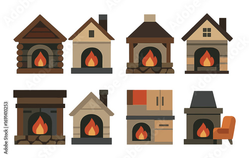 Home and fireplace flat icon set. featuring cabin, flame, chimney, log, stone, brick, modern, countryside, wood, suburban.