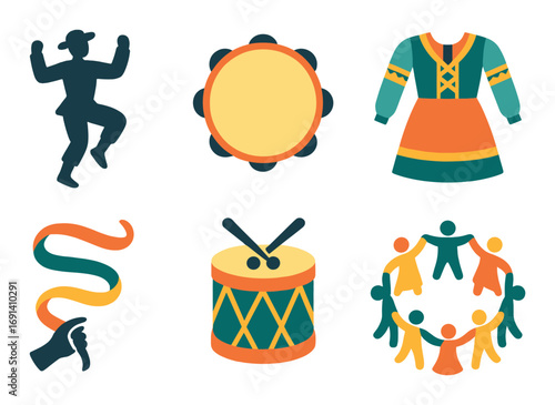 Cultural celebration flat icon set. featuring dance, tambourine, traditional dress, ribbon, drum, community.