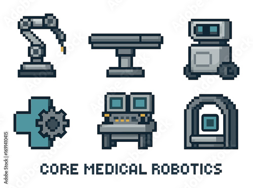 Medical robotics pixel art icon set. featuring robot arm, diagnostics, ai, control panel, and medical automation.