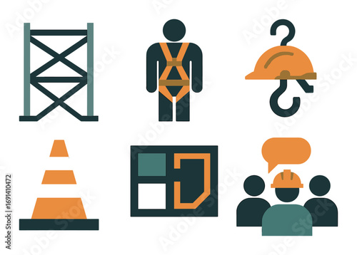 Construction safety silhouette icon set. featuring scaffold, harness, helmet, cone, blueprint, team.
