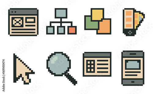 Web development flat icons set. featuring website, sitemap, design, palette, cursor, search, and mobile symbols.