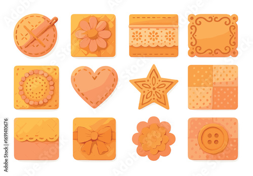 Sewing silhouette icon set. featuring cross-stitch, flower, lace, patchwork, quilt, heart, and bow designs.