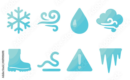 Weather warning silhouette icon set. featuring snowflake, wind, raindrop, cloud, boot, slippery, alert, icicle.