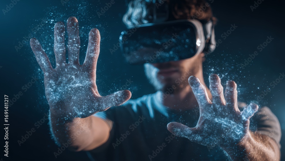 Naklejka premium VR user interacting with holographic hands