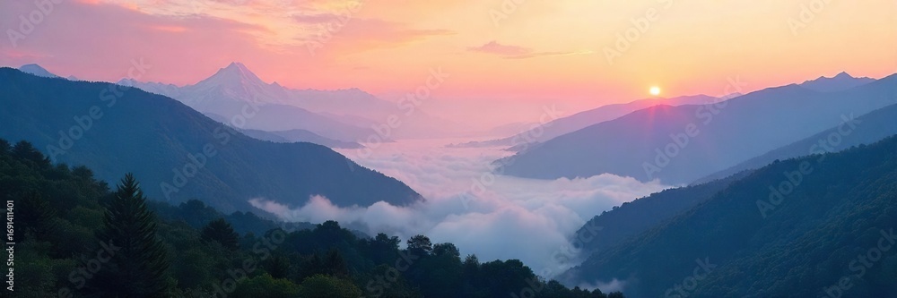 Obraz premium Serene landscape at dawn, mist shrouding mountains, conveying a sense of tranquility and inner peace; ideal for meditation and mindfulness imagery , majestic, blue