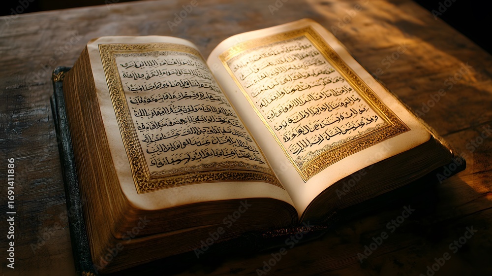 Obraz premium Aged, open book with intricate script displayed on pages.