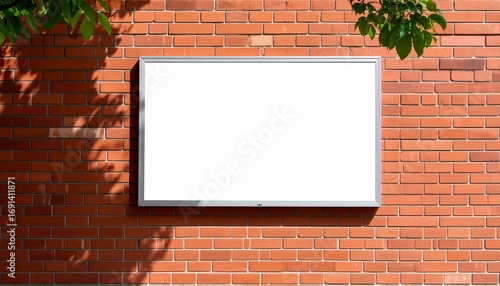 Wallpaper Mural A blank, rectangular sign mounted on a weathered brick wall, with leafy branches. Torontodigital.ca