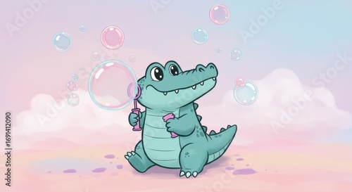 Cute baby cartoon crocodile joyfully blowing iridescent bubbles, a whimsical illustration capturing playful innocence in a dreamy pastel landscape