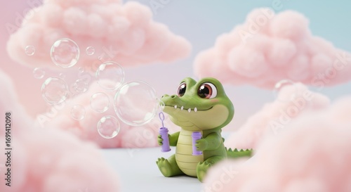 Adorable Baby Crocodile Blowing Bubbles in a Fluffy Cloudland