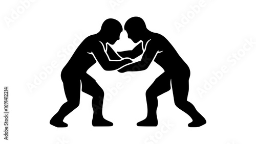Black silhouette icon of two wrestlers in a match.