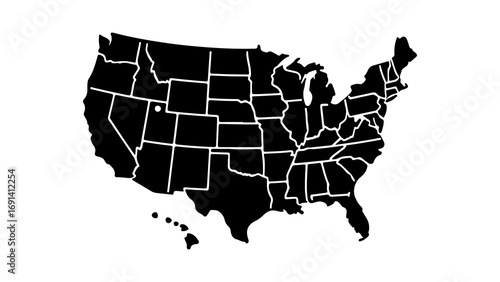 Black Silhouette Map of the United States of America with States.