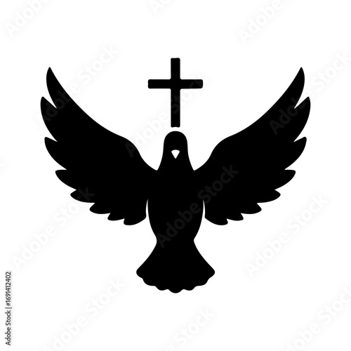 Black silhouette of a dove with a Christian cross symbol.