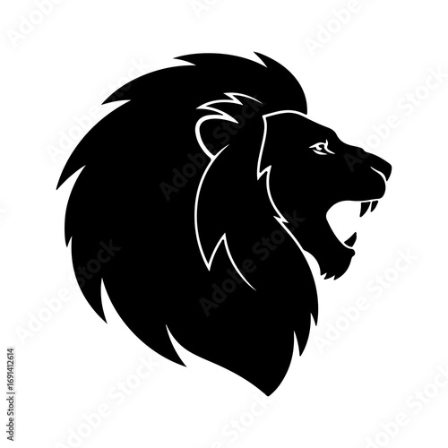 Black silhouette of a roaring lion head vector graphic.