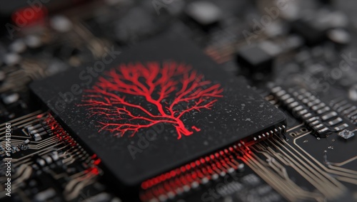 Fototapeta Naklejka Na Ścianę i Meble -  Close-up of a circuit board with a glowing red tree graphic on a chip