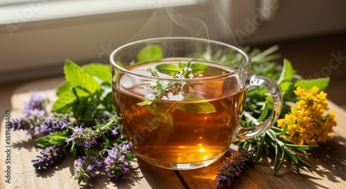 Fototapeta Naklejka Na Ścianę i Meble -  Aromatic herbal tea in glass cup with fresh mint and lavender flowers