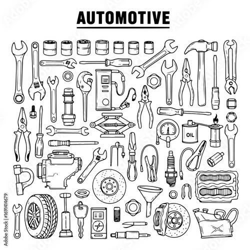 Detailed Hand-Drawn Automotive Tools and Car Parts Vector Illustration Set for Mechanic Workshops and Vehicle Maintenance