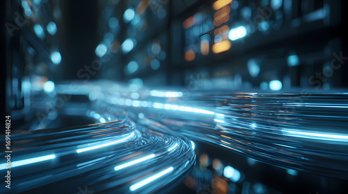 Futuristic digital data flow with illuminated fiber optic cables in dark environment