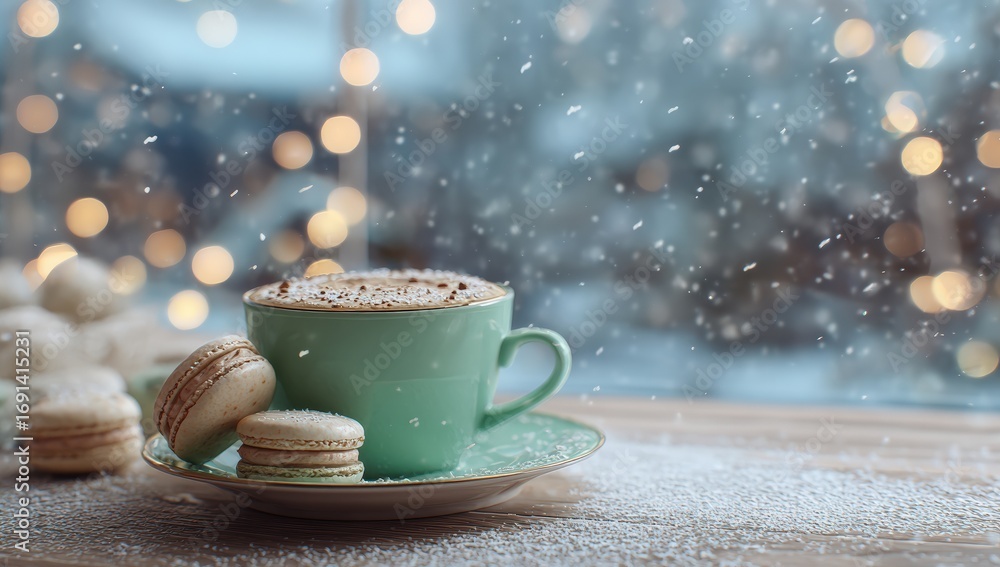Obraz premium Winter coffee scene with macarons