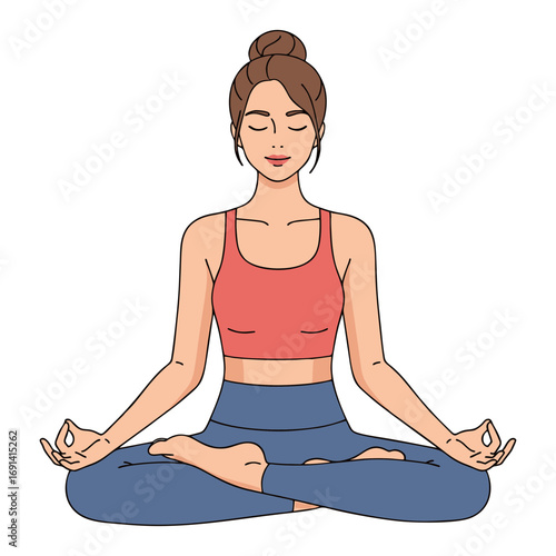 vector illustration of a woman meditating in lotus yoga pose.  Plain white background.