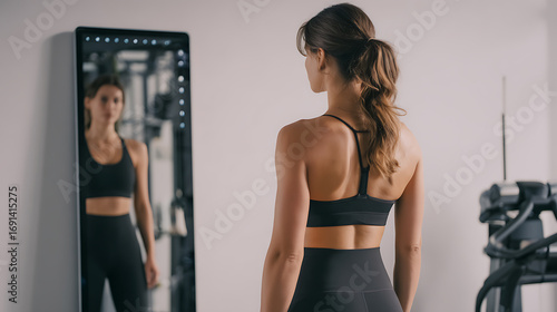 Woman in activewear examining herself in a gym mirror