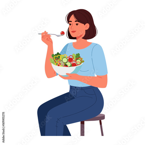 vector illustration of a person eating a healthy salad bowl.  Plain white background.