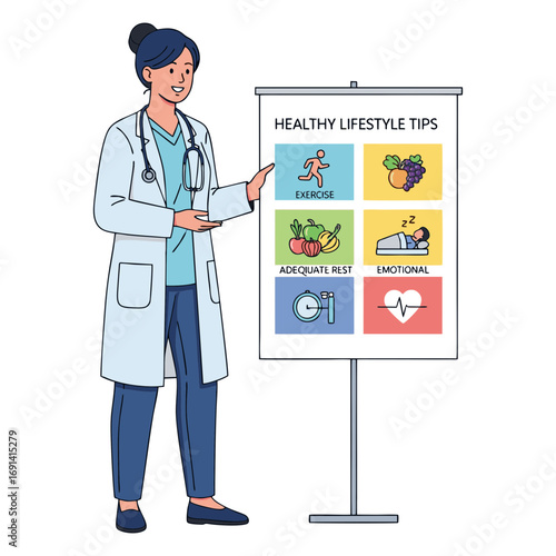 vector illustration of a doctor showing healthy lifestyle tips with a chart. Plain white background.