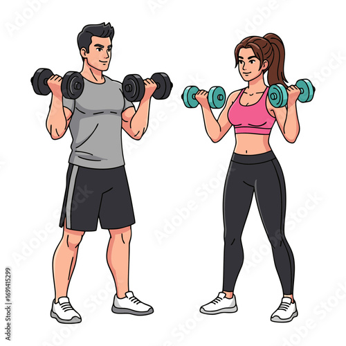 Vector illustration of a man and woman lifting dumbbells during fitness training. Plain white background.