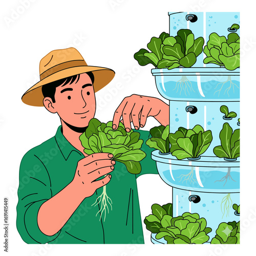 Vector illustration of a farmer harvesting vegetables using hydroponics. Plain white background.
