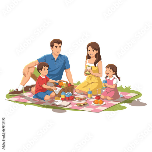  vector illustration of a family relaxing on a park lawn using a mat and carrying some food and drinks. Plain white background.