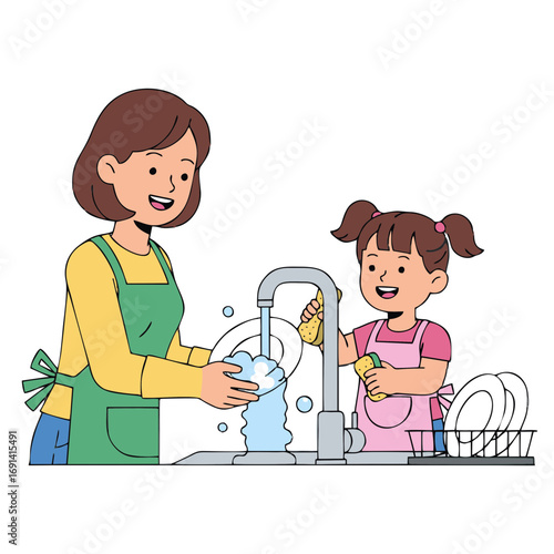 Vector illustration of a girl and her mother in the kitchen learning to wash dishes. Plain white background.