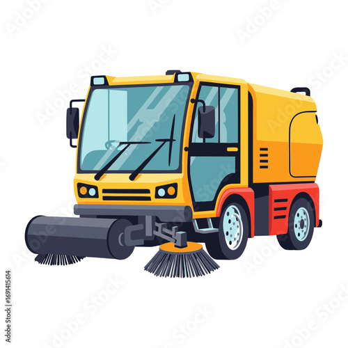 vector illustration of a street sweeper vehicle, compact design with brushes, plain white background.