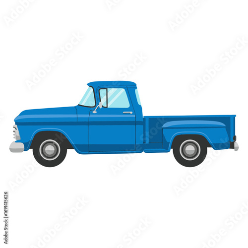 vector illustration of a pickup truck, small light-duty cargo vehicle, flatbed at the back, plain white background.