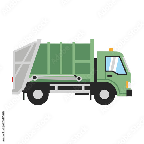 vector illustration of garbage truck, rear loader garbage collection vehicle, plain white background.
