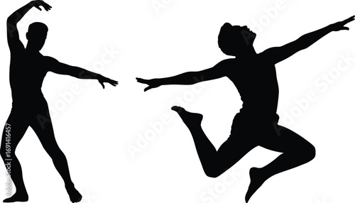 Silhouette of Male Dancers Performing Ballet and Contemporary Dance Poses, Transparent Background.