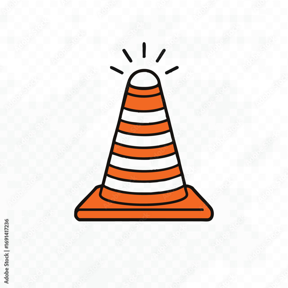 Fototapeta premium An orange and white striped traffic cone with a glowing top signifies caution, road safety, and construction zone warnings.